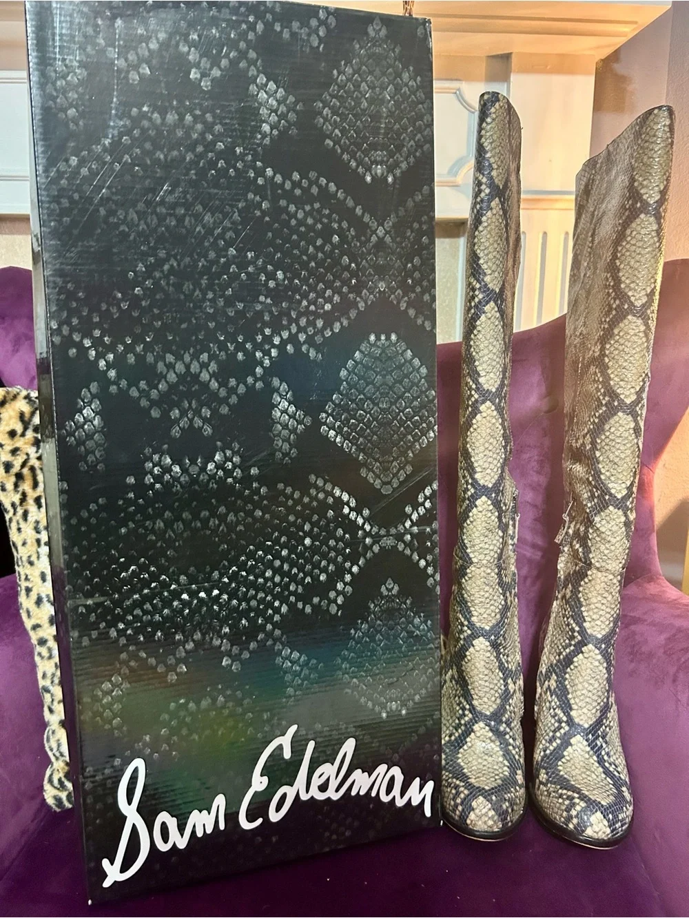 Snake-Print Knee High Boots in Beige and Black - Sam Edelman